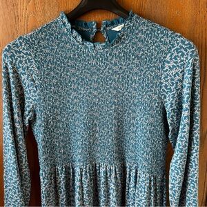 Matilda Jane Audra smocked long sleeve dress teal & white floral pattern Medium